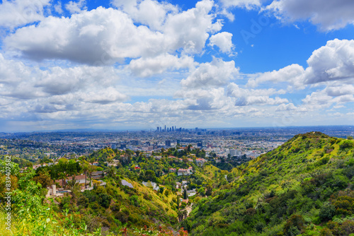 Atmospheric Panorama of Los Angeles with Hills and Thick White Clouds