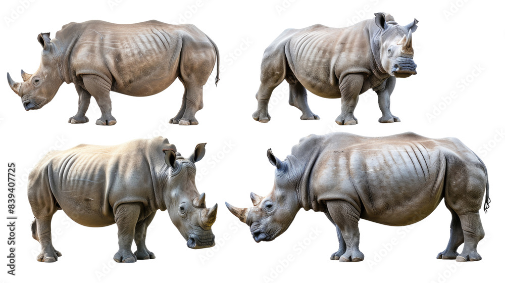 Obraz premium Four white rhinos in various poses in isolated on transparent background. Wildlife animals. Perfect for conservation and wildlife photography.