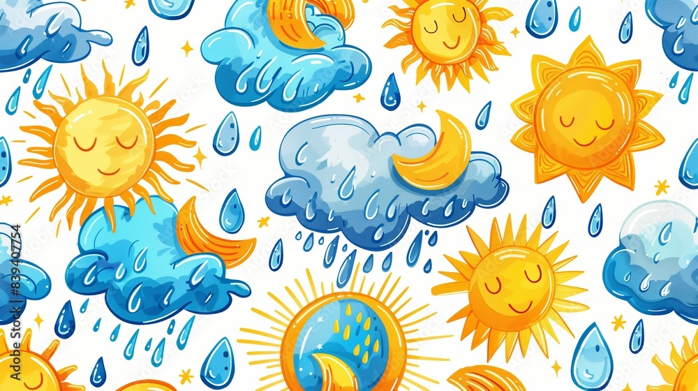 Colorful Weather Doodle Icons in Yellow and Blue