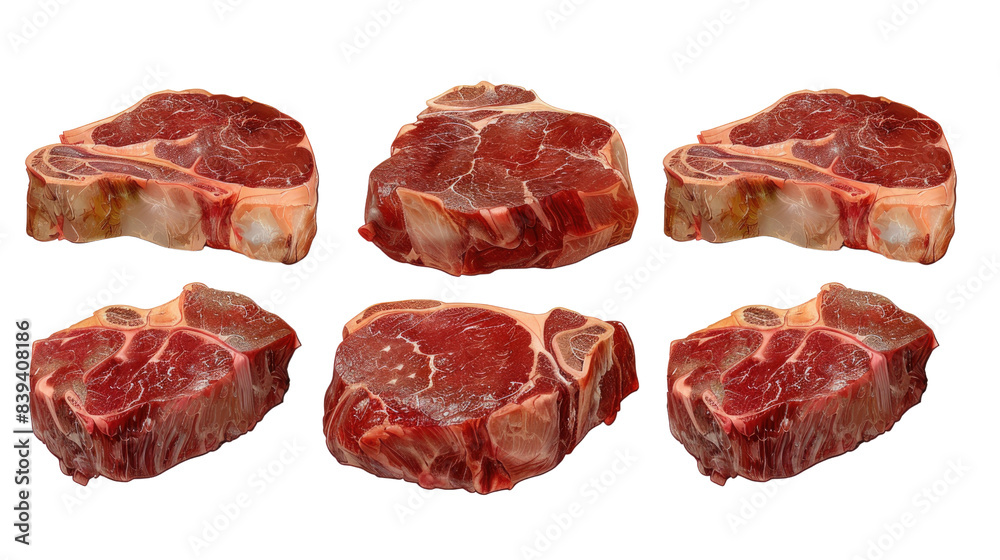 Six raw beef steaks, evenly spaced and arranged in two rows in isolated on transparent background Six raw beef steaks, evenly spaced and arranged in two rows in isolated on transparent background