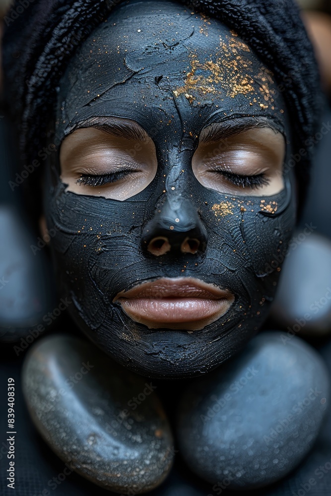 Close-up of a person with a black facial mask, eyes closed, surrounded by smooth stones, promoting relaxation and skincare. Close-up of a person with a black facial mask, eyes closed, surrounded by smooth stones, promoting relaxation and skincare.