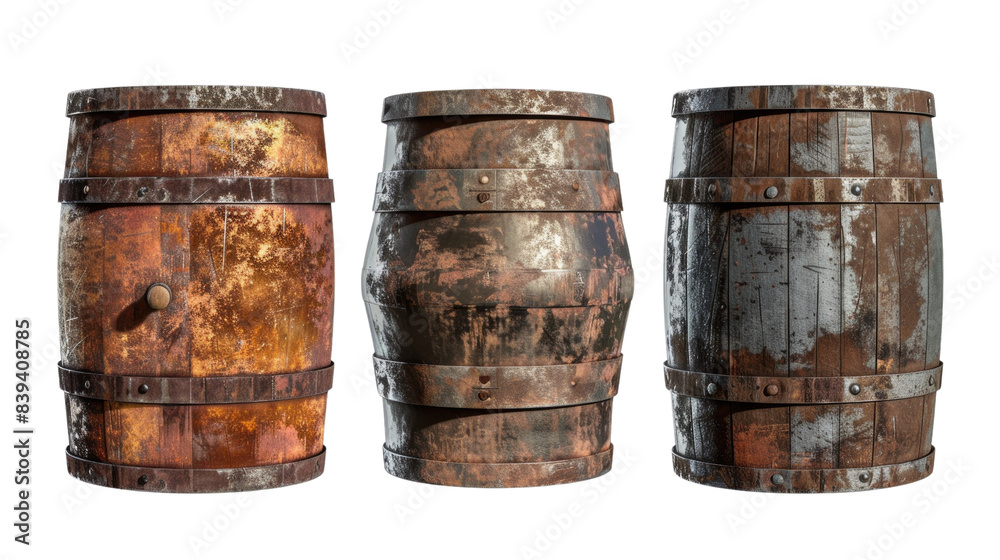 Three weathered wooden barrels with rusty metal hoops in isolated on transparent background Three weathered wooden barrels with rusty metal hoops in isolated on transparent background