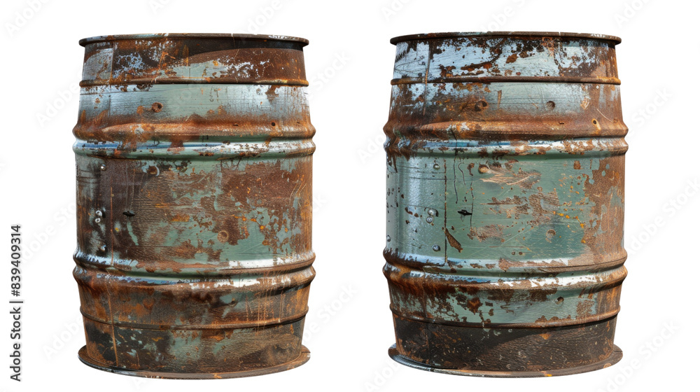 Two rusty metal barrels with peeling paint stand side by side in isolated on transparent background Two rusty metal barrels with peeling paint stand side by side in isolated on transparent background