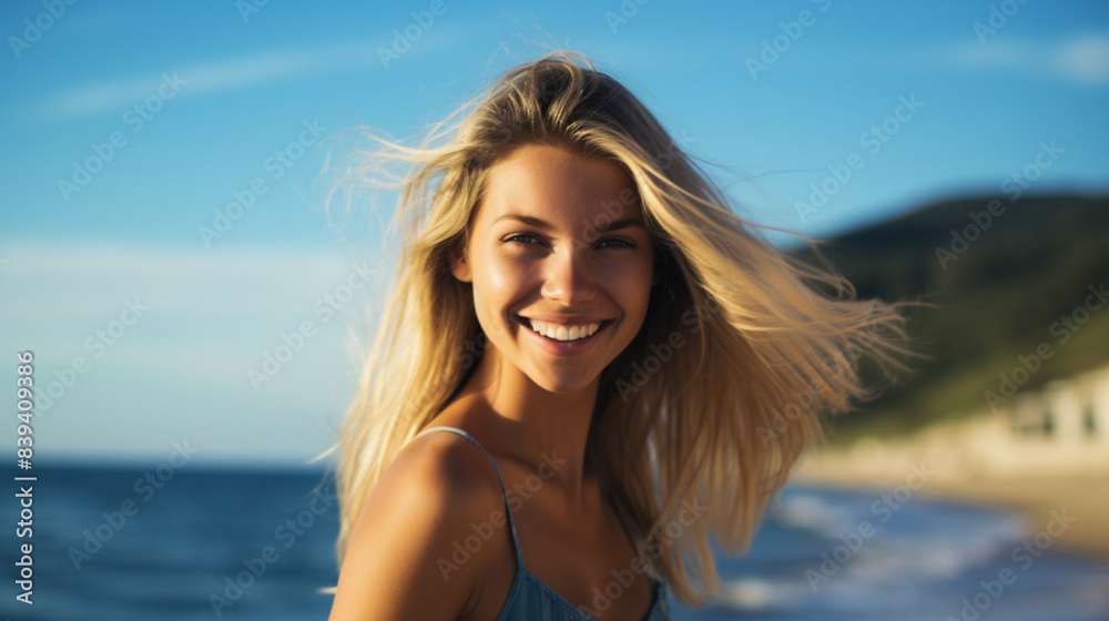 Smiling girl stands on the beach against the backdrop of sunset in a white T-shirt. Mockup copy space. European model. Beautiful sunset