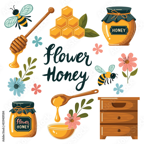 Bee honey set vector illustration. Cartoon isolated sweet beekeeping farm food products collection with honeycomb, glass jar and spoon with yellow liquid, honeybee insect