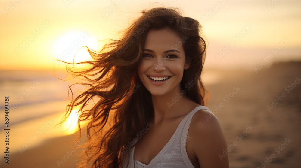 Smiling girl stands on the beach against the backdrop of sunset in a white T-shirt. Mockup copy space. European model. Beautiful sunset Smiling girl stands on the beach against the backdrop of sunset in a white T-shirt. Mockup copy space. European model. Beautiful sunset