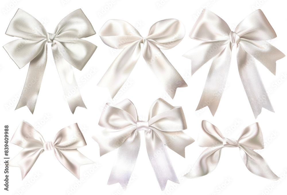 A collection of six white satin bows in various sizes in isolated on transparent background. Perfect for adding a touch of elegance to your designs. A collection of six white satin bows in various sizes in isolated on transparent background. Perfect for adding a touch of elegance to your designs.