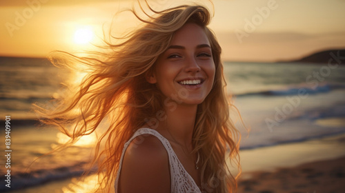 Smiling girl stands on the beach against the backdrop of sunset in a white T-shirt. Mockup copy space. European model. Beautiful sunset