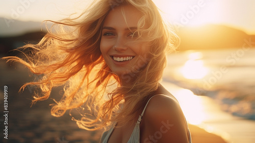Smiling girl stands on the beach against the backdrop of sunset in a white T-shirt. Mockup copy space. European model. Beautiful sunset