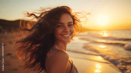 Smiling girl stands on the beach against the backdrop of sunset in a white T-shirt. Mockup copy space. European model. Beautiful sunset