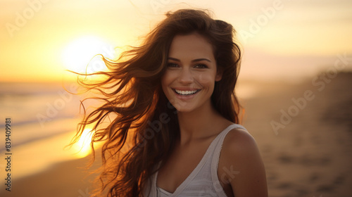 Smiling girl stands on the beach against the backdrop of sunset in a white T-shirt. Mockup copy space. European model. Beautiful sunset