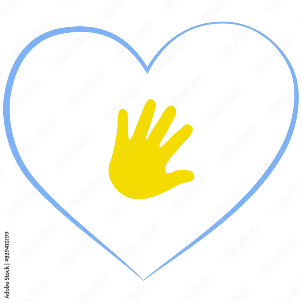 Obraz premium Yellow human hand and blue heart vector isolated on white background. Baby hand.