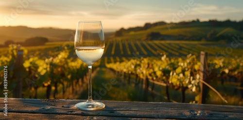 An elegant white wine is poured into a glass with a sunny vineyard backdrop. Concept Wine Tasting, Vineyard Landscape, Glassware Photography, Wine Lovers Delight, Wine Country Views.
