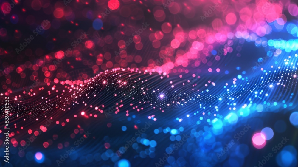 A vibrant abstract digital composition with red and blue light waves and bokeh effects.