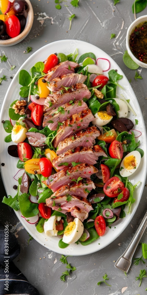 Delicious fresh salad with sliced tuna, cherry tomatoes, boiled eggs, and mixed greens served on a white plate with dressing. Delicious fresh salad with sliced tuna, cherry tomatoes, boiled eggs, and mixed greens served on a white plate with dressing.