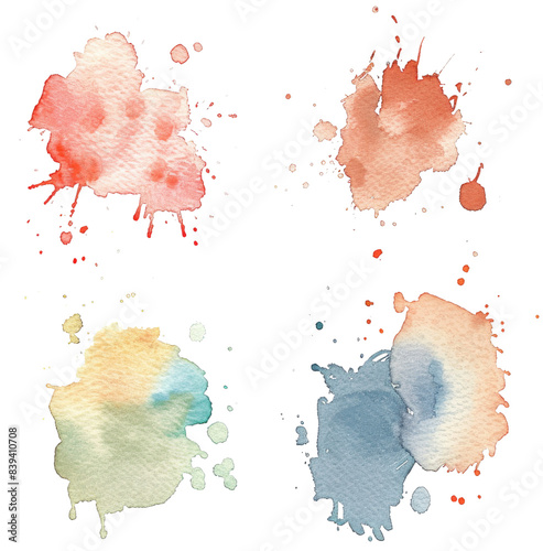 Abstract watercolor paint splatters in four colorsr in isolated on transparent background photo