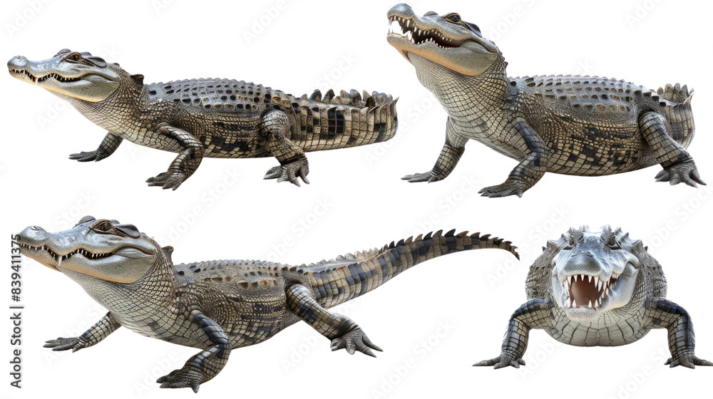 Fototapeta premium Four alligators in different poses, including side view, front view, and rear view in isolated on transparent background