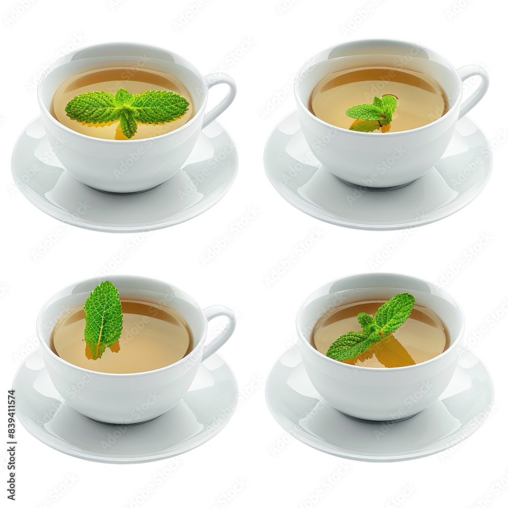 Four cups of tea with mint leaves floating on top. The cups are white and the tea is a light yellow color. The cups are arranged in a grid patternr in isolated on transparent background Four cups of tea with mint leaves floating on top. The cups are white and the tea is a light yellow color. The cups are arranged in a grid patternr in isolated on transparent background