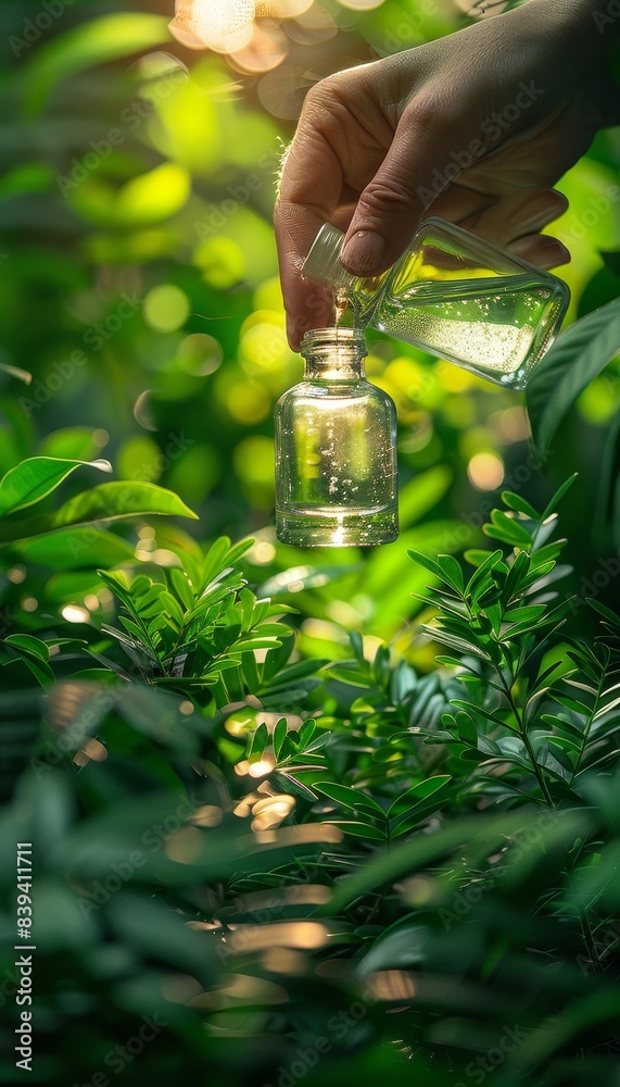 Hand pouring liquid into a small glass bottle surrounded by lush green leaves. Concept of natural skincare, essential oils, and eco-friendly products. Hand pouring liquid into a small glass bottle surrounded by lush green leaves. Concept of natural skincare, essential oils, and eco-friendly products.
