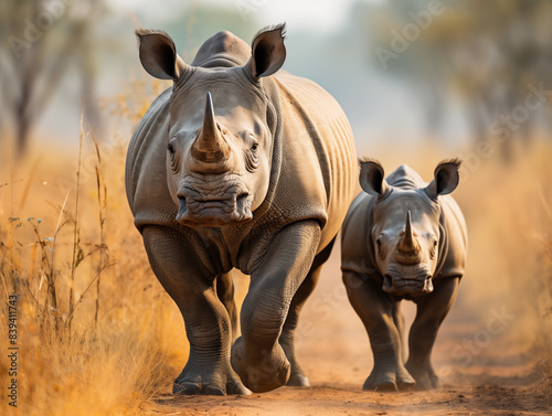 Mother Rhino With Her Calf Walking Through The Grasslands 