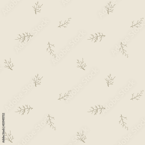 Botanical sprig vector seamless background pattern. Backdrop with autumn stems. Neutral warm ecru beige color design. Scattered sprigs repeat. Earthy leaf all over print for fall, autumn, web, blog