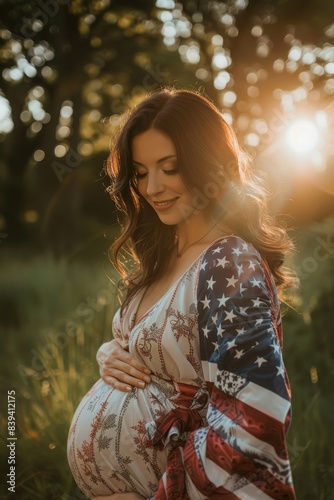 Pregnant woman in patriotic dress standing outdoors, sunlight highlighting her serene expression, representing maternity and national pride.
