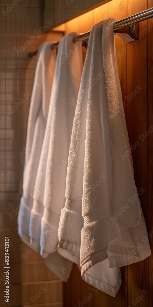 Three white towels hang side by side on a wooden rack in a warmly lit bathroom setting, offering a cozy and inviting ambiance.