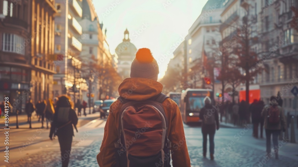 Fototapeta premium Create an image of a solo traveler exploring an unfamiliar city, featuring iconic landmarks and bustling streets, emphasizing independence and discovery. 