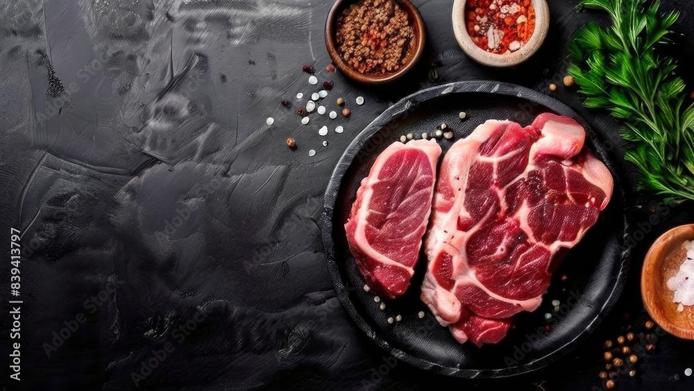 raw steaks on a dark surface, on a slate board. They are surrounded by sprigs of rosemary scattered with pepper, and there is a small bowl with more pepper nearby. cooking discussion thread, raw steaks on a dark surface, on a slate board. They are surrounded by sprigs of rosemary scattered with pepper, and there is a small bowl with more pepper nearby. cooking discussion thread,