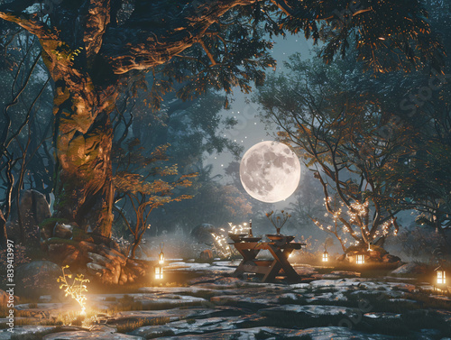 A mystical full moon ceremony in a forest clearing, cinematic style, CryEngine Rendering, Compositing Core, Unreal Engine, 8k, detailed, Octane render photo