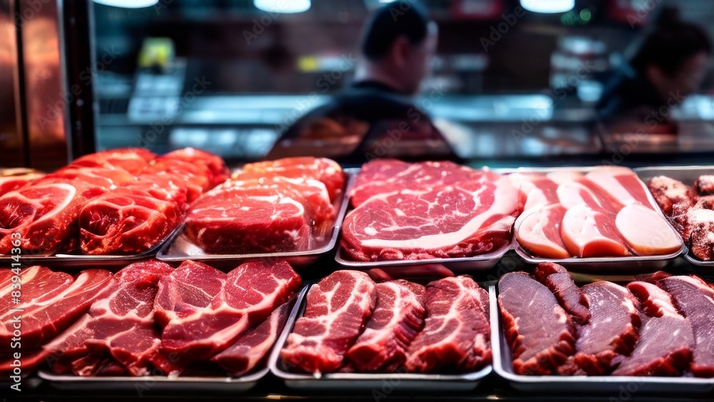 various cuts of red meat displayed in a display case in a butcher store or grocery store. They are neatly arranged next to each other and look fresh, with visible marbling indicating quality. various cuts of red meat displayed in a display case in a butcher store or grocery store. They are neatly arranged next to each other and look fresh, with visible marbling indicating quality.