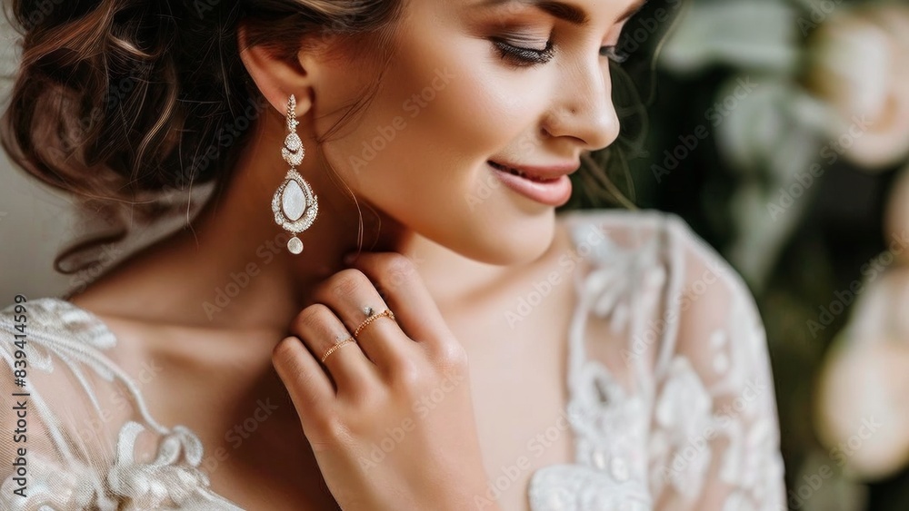 the bride's neck and chest area, with an emphasis on the jewelry, which, is an earring with several gemstones.