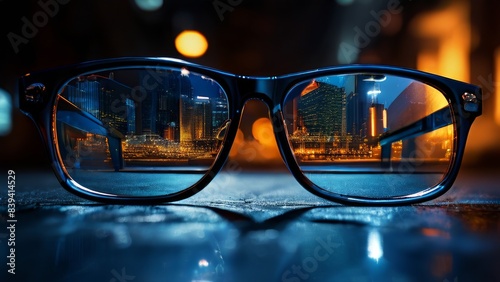 a pair of glasses through which you can see the cityscape at sunset or sunrise. The focus is on the contrast between the clarity and saturation of the city's colors inside the lenses and the blurred s