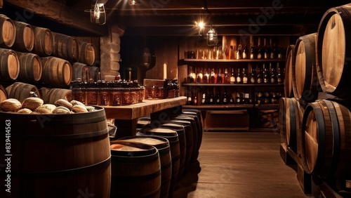 An atmospheric wine cellar with wooden barrels, shelves filled with bottles and a table laden with bunches of grapes. A place where wine is stored and tasted. photo