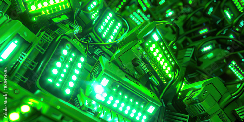 The Labyrinth of Lightspeed: A cluster of flashing modems, blinking bright neon lights. (Neon Green)