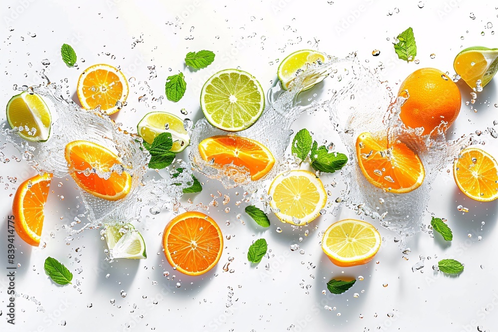 Refreshing Citrus Splash: Vibrant Water with Fruits and Mint Leaves on White Background, Top View Refreshing Citrus Splash: Vibrant Water with Fruits and Mint Leaves on White Background, Top View