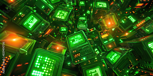 The Labyrinth of Lightspeed: A cluster of flashing modems, blinking bright neon lights. (Neon Green)