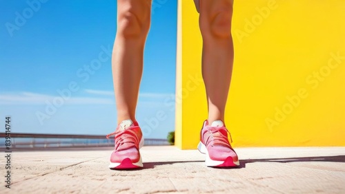 the bottom of a person s feet on a bright yellow background. He is wearing white sneakers with black and gray accents. sports and running theme