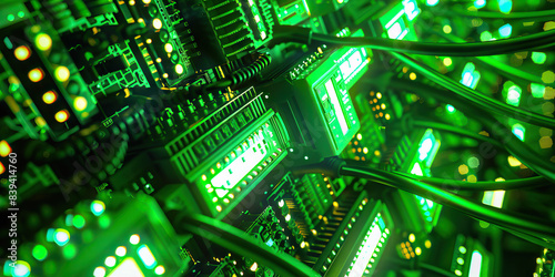 The Labyrinth of Lightspeed: A cluster of flashing modems, blinking bright neon lights. (Neon Green)