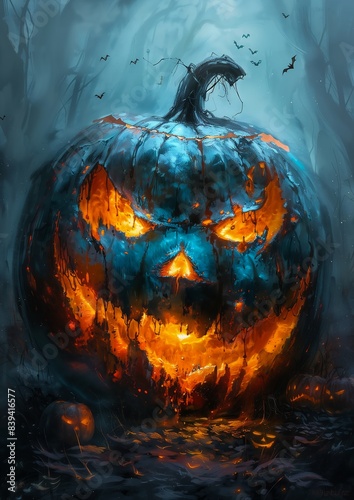 pumpkin scary face forest gorgeous magic blue fire heavily tall jack wall spooky filter expressive oil