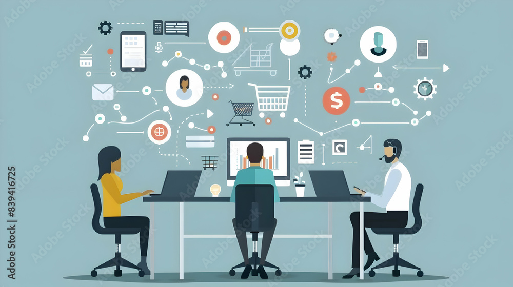 Business Team Collaborating on Marketing Strategy Concept: A Vector Illustration of Teamwork and Innovation with Digital Tools and Charts 2D Minimalistic Vector in Photo Stock Business Team Collaborating on Marketing Strategy Concept: A Vector Illustration of Teamwork and Innovation with Digital Tools and Charts 2D Minimalistic Vector in Photo Stock