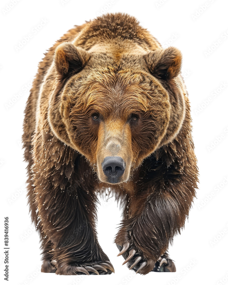 Fototapeta premium A large brown bear stands facing the camera with a serious expression. Its fur is thick and shaggy, and its claws are visible.