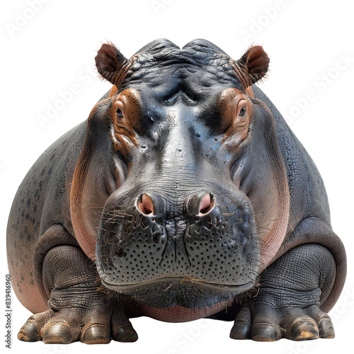 A large hippopotamus with a wide, open mouth, looking directly at the camera.  It has a wrinkled, grey skin and is sitting on its haunches.