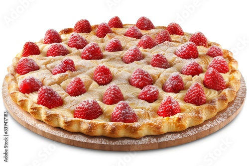 Fresh strawberry tart with a golden crust, topped with sliced strawberries, creating a vibrant and delicious dessert perfect for gourmet cuisine