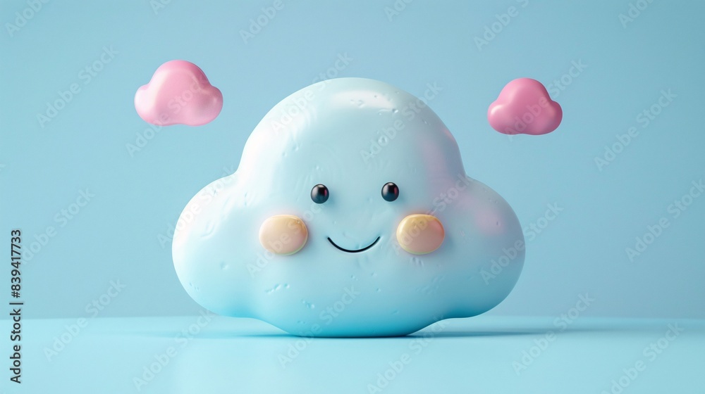 Cute smiling cloud with rosy cheeks and small clouds on a blue background. Perfect for children's decor or cheerful designs. 3D Illustration. Cute smiling cloud with rosy cheeks and small clouds on a blue background. Perfect for children's decor or cheerful designs. 3D Illustration.