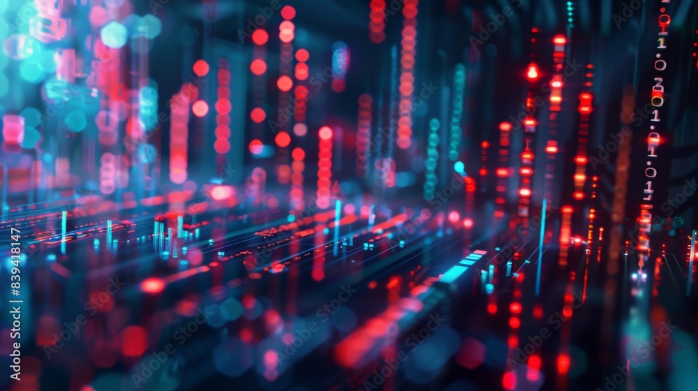 Naklejka premium A vibrant and dynamic digital matrix with glowing blue and red lights, representing data flow in a cybernetic environment.