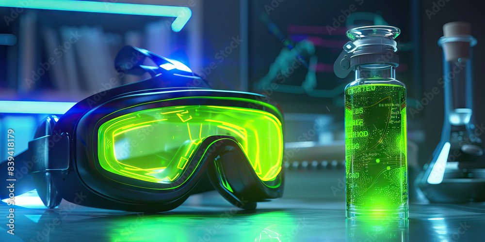 The Biocyber Butterfly: A vial of glowing green liquid and a pair of virtual reality goggles The Biocyber Butterfly: A vial of glowing green liquid and a pair of virtual reality goggles