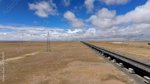 Aerial shot of the Qinghai-Tibet Railway in Hoh Xil photo