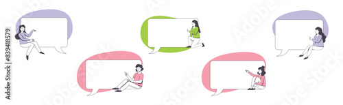 Communication Speech Bubble with People Character Sitting on It Vector Set