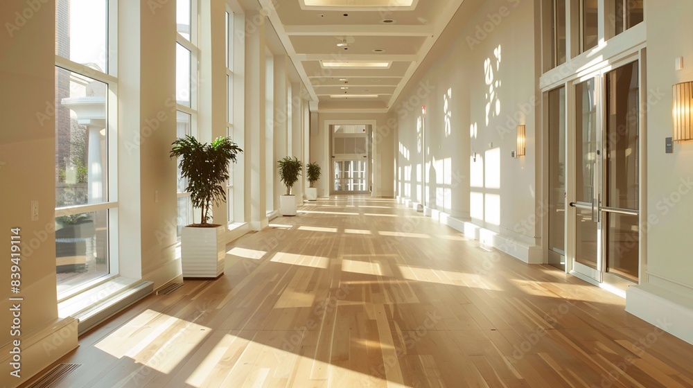 Bright hall with warm white lighting, natural wood floors, and an airy, inviting ambiance Bright hall with warm white lighting, natural wood floors, and an airy, inviting ambiance